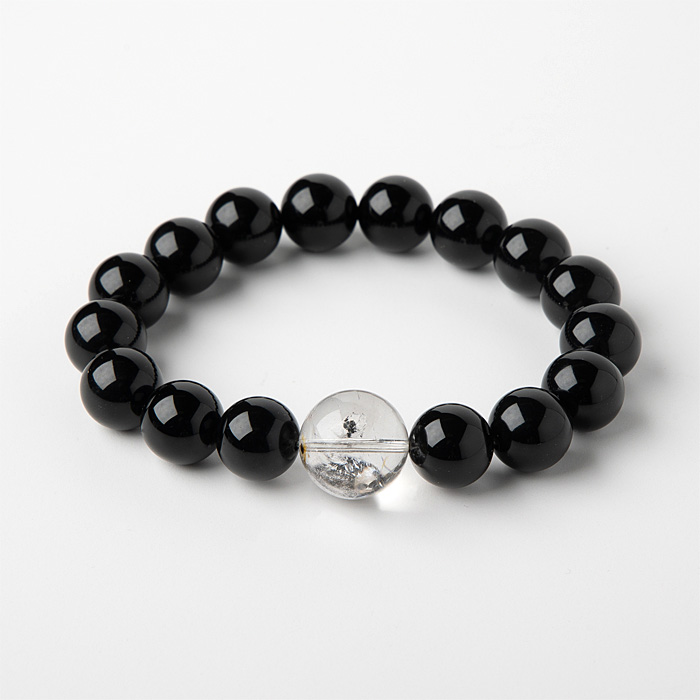 ブレスレット 水入り水晶+ブラックカルセドニー